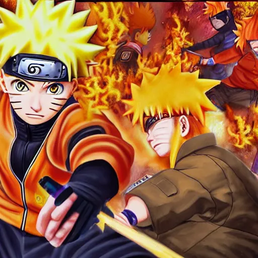 Image similar to a highly detailed painting of naruto playing Garena Free Fire fulfilling an important mission and fighting against many opponents in clock tower