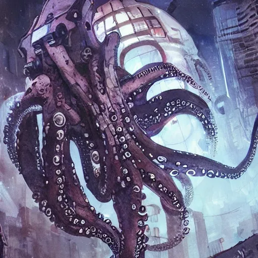 Prompt: octopus in space, cyberpunk, realistic, detailed, Industrial Scifi, paint, watercolor, in the style of Ashley Wood and Wadim Kashin