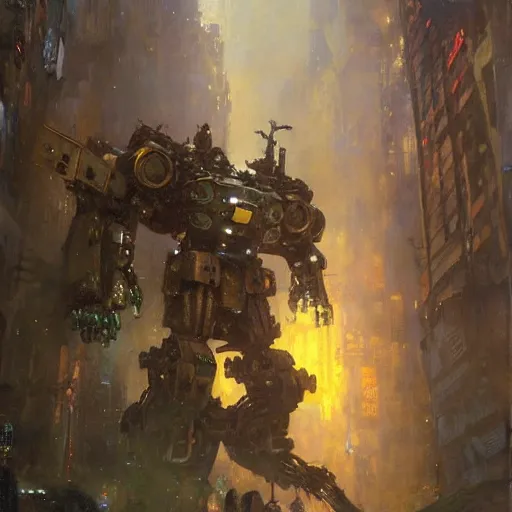 Image similar to six meters tall mech fighting in an urban environment, epic action scene, by gaston bussiere craig mullins jc leyendecker gustav klimt artgerm greg rutkowski john berkey, bergey, craig mullins, ruan jia, raymond swanland, jeremy mann, tom lovell, alex malveda, raytracing