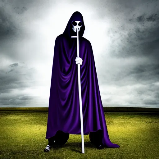 Image similar to grim reaper, purple cloak, full body