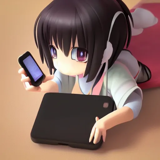 Image similar to cute fumo plush of a girl typing on a phone, anime girl, vray