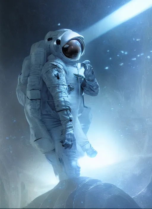 Image similar to concept art by craig mullins astronaut in futuristic dark and empty spaceship underwater. infrared glowing lights. complex and hyperdetailed technical suit. reflection and dispersion materials. rays and dispersion of light. volumetric light. 5 0 mm, f / 3 2. noise film photo. flash photography. unreal engine 4, octane render. interstellar movie art