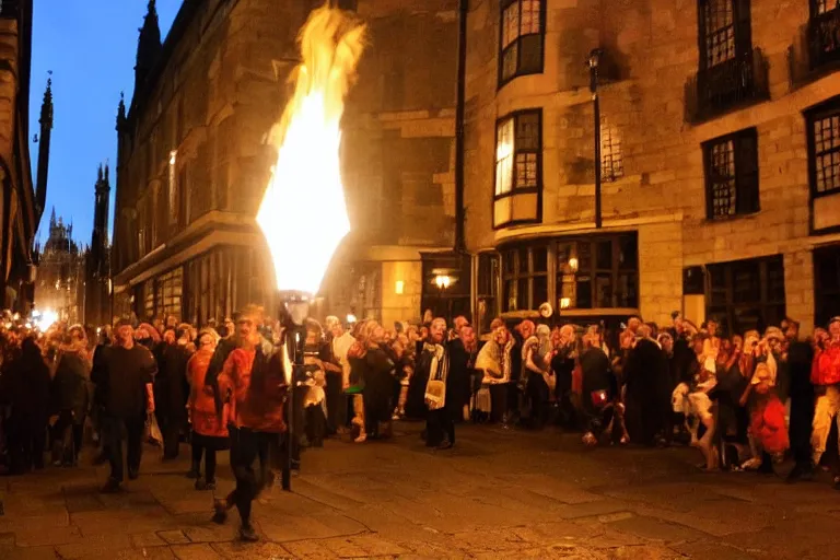 Prompt: medieval london street crowded night time torch lit