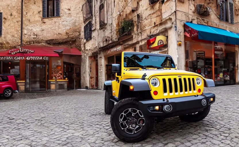 Prompt: Abstract Jeep Wrangler inspired by Italian pizza sauce, in front of a pizza shop in Italy, 4k photography