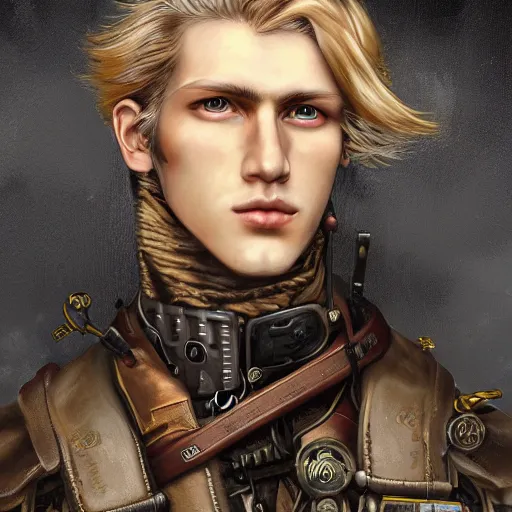 Image similar to portrait of a man by ayami kojima, norwegian, he is about 2 0 years old, blond short hair, tall and strong, older brother vibes, he is wearing a steampunk tactical gear, highly detailed portrait, digital painting, artstation, concept art, smooth, sharp foccus ilustration, artstation hq