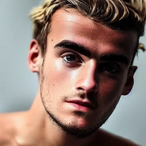 Image similar to “ a realistic detailed photo of a guy who is an attractive humanoid who is half robot and half humanoid, who is a male android, soccer player antoine griezmann, shiny skin, posing like a statue, blank stare, on the bed, on display ”