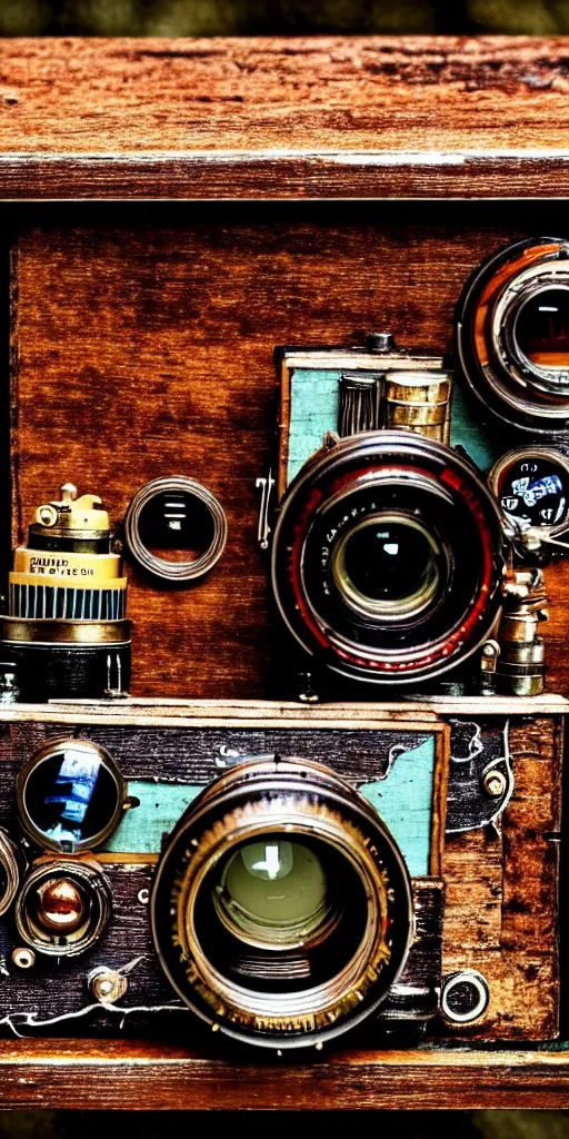 Prompt: A photo of a very old opened device with vacuum tubes, film, capacitors and coils inside, and a camera lens on the outside on an old wooden table by Wes Anderson, grungy, weathered Ultra detailed, hyper realistic, 4k