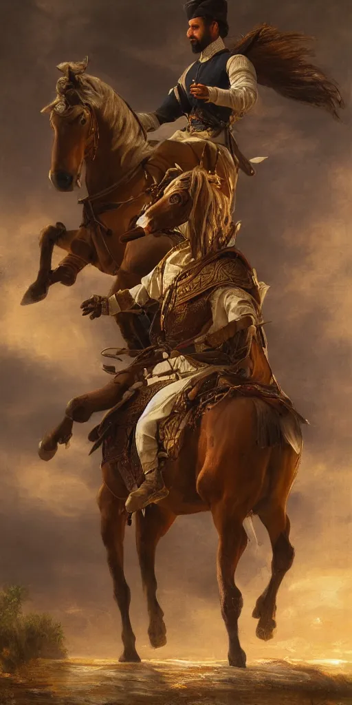 Image similar to Highly detailed and cinematic romantic period oil painting of an Arabian prince riding a rearing horse, beautifully lit and atmospheric, an oil painting masterpiece by Josep Tapiró Baró, RPG portrait, dynamic lighting, 8K