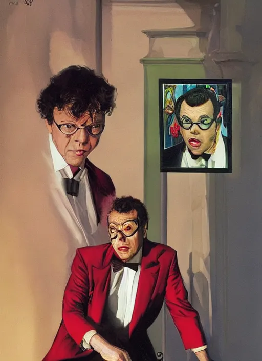 Image similar to portrait of tim curry as wadsworth in clue ( 1 9 8 5 ), highly detailed, centered, solid color background, digital painting, artstation, concept art, smooth, sharp focus, illustration, donato giancola joseph christian leyendecker, les edwards, ed repka, basil gogos, wlop, artgerm