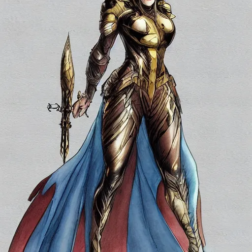 Prompt: a perfect, realistic professional digital sketch of a fantasy heroine in style of Marvel, full length, by pen and watercolor, by a professional French artist on ArtStation, on high-quality paper