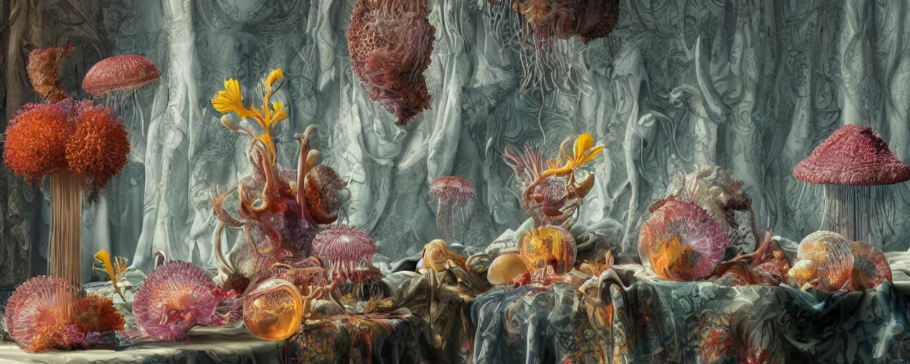 Prompt: ultradetailed reailistic still life with jellyfish flowers by ernst haeckel, caravaggio, roger dean and andrei tarkovsky, beautiful drapes and colourful vases with patterns, tentacles, wide angle, cinematic, rich ethereal colours, octane render, bokeh, unreal engine, 4k 3d render
