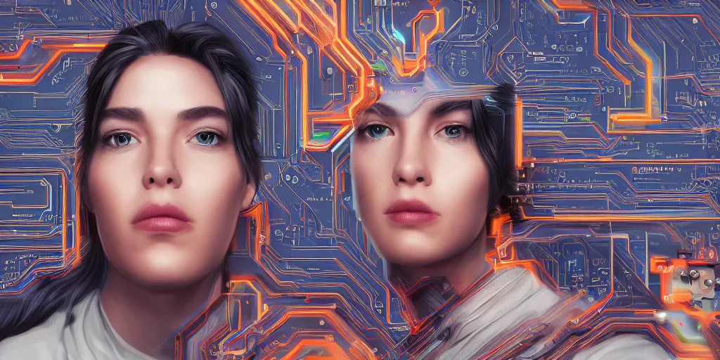 Image similar to portrait of computer & circuits, 8 k, by tristan eaton, trending on deviantart, face enhance, hyper detailed, minimalist, super detailed, cinematic, unreal engine, octane render, chalk texture on canvas