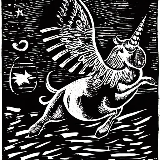 Image similar to black and white flying pig with unicorn horn and white wings woodcut