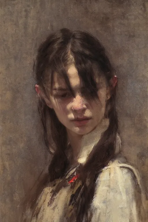 Image similar to Richard Schmid and Jeremy Lipking and Antonio Rotta full length portrait painting of a young beautiful traditonal viking woman