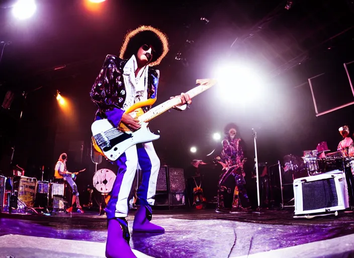 Image similar to photo still of prince from purple rain on stage at vans warped tour!!!!!!!! at age 3 3 years old 3 3 years of age!!!!!!!! shredding on guitar, 8 k, 8 5 mm f 1. 8, studio lighting, rim light, right side key light