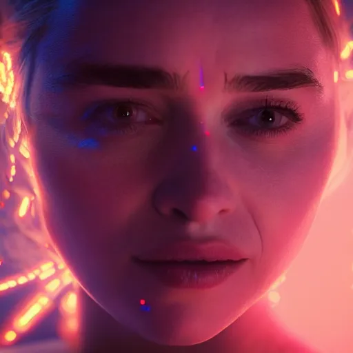 Prompt: emilia clarke covered in glowing lines, concept art, fantasy, extremely high detail, photorealism, octane render, 8 k