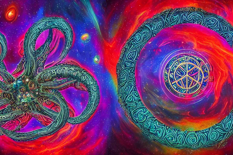 Image similar to a intricate mandala of peace signs with deep and intricate rune carvings and twisting lovecraftian tentacles emerging from a space nebula by dan mumford, twirling smoke trails, a twisting vortex of dying galaxies, collapsing stars, digital art, photorealistic, vivid colors, highly detailed, intricate