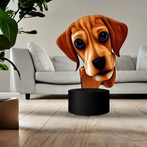 Image similar to a large lamp, shaped as a 3d beagle puppy head, placed in a large living room, art designers magazine HD photo superrealism 3d 8k resolution