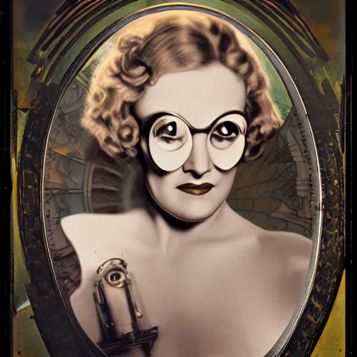 Image similar to portrait still of a young marlene dietrich wearing steampunk goggles, photorealistic, 4 k, octane render, by wayne barlow, alphonse mucha,