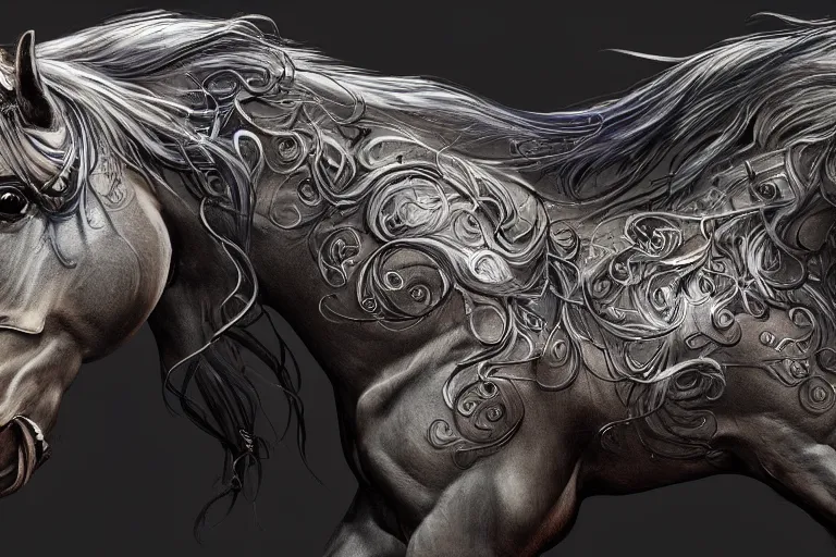 Prompt: a wlop 3 d render of very very very very highly detailed beautiful mystic portrait of a phantom undead horse with whirling galaxy around, tattoos by anton pieck, intricate, extremely detailed, digital painting, artstation, concept art, smooth, sharp focus, illustration, intimidating lighting, golden details, incredible art,