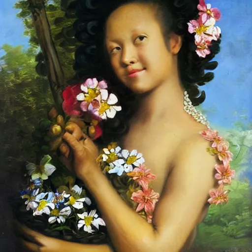 Prompt: Hawaiian girl, flowers, rococo