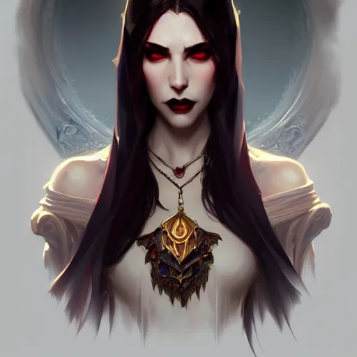 Image similar to Vampire, female, D&D, fantasy, intricate, elegant, highly detailed, digital painting, artstation, concept art, matte, sharp focus, illustration, hearthstone, art by Artgerm and Greg Rutkowski and Alphonse Mucha