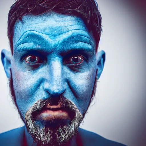 Image similar to fish eye lens close up photograph of a man with blue skin and a goatee side eyeing the camera with a sympathetic look