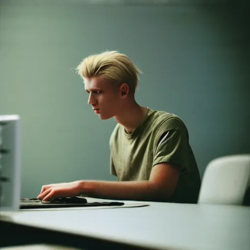 Image similar to kodak portra 4 0 0 photograph of a skinny blonde guy sitting at a 9 0 s computer screen, messy desk, back view, moody lighting, telephoto, 9 0 s vibe, blurry background, vaporwave colors!, faded!,