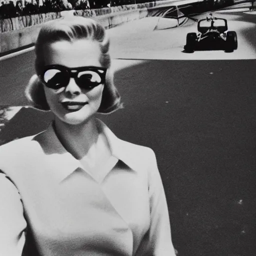 Image similar to selfie smartphone photo of a young Grace Kelly at the Monaco Gran Prix, F1 cars blurred in background, iphone photo, smartphone resolution, low resolution camera