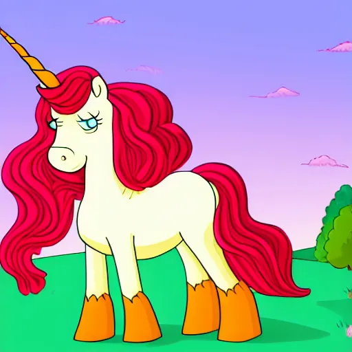 Prompt: a pretty unicorn with very long and special bright red hair with a simple rounded line in a meadow, style simpsons, sharp focus, illustration, ArtStation