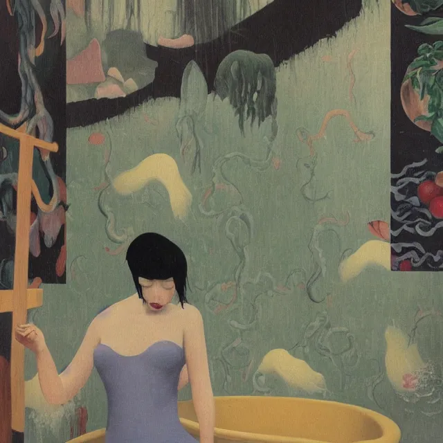 Prompt: tall female emo artist in her flooded bath, water gushing from ceiling, painting of flood waters inside an artist's bathroom, a river flooding indoors, pomegranates, pigs, ikebana, zen, water, octopus, river, rapids, waterfall, black swans, canoe, berries, acrylic on canvas, surrealist, by magritte and monet