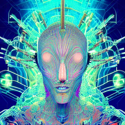 Image similar to Face of a Alien Deity, corals, circuitry, plume made of geometry, extremly detailed digital painting, sharp focus in the style of android jones, artwork of a futuristic artificial intelligence superstar with frames made of detailed circuits, mystical colors, rim light, beautiful lighting, 8k, stunning scene, raytracing, octane, under water visual distortion, dark tones colors, trending on artstation