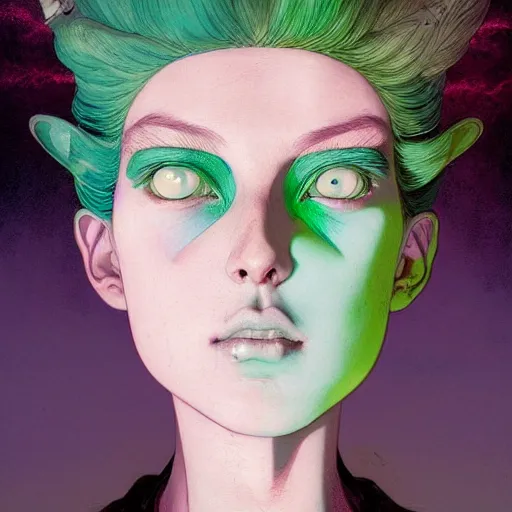 Image similar to prompt : pale violet and deep green portrait soft light painted by james jean and katsuhiro otomo and erik jones, inspired by evangeleon anime, smooth face feature, intricate oil painting, high detail illustration, sharp high detail, manga and anime 1 9 9 9