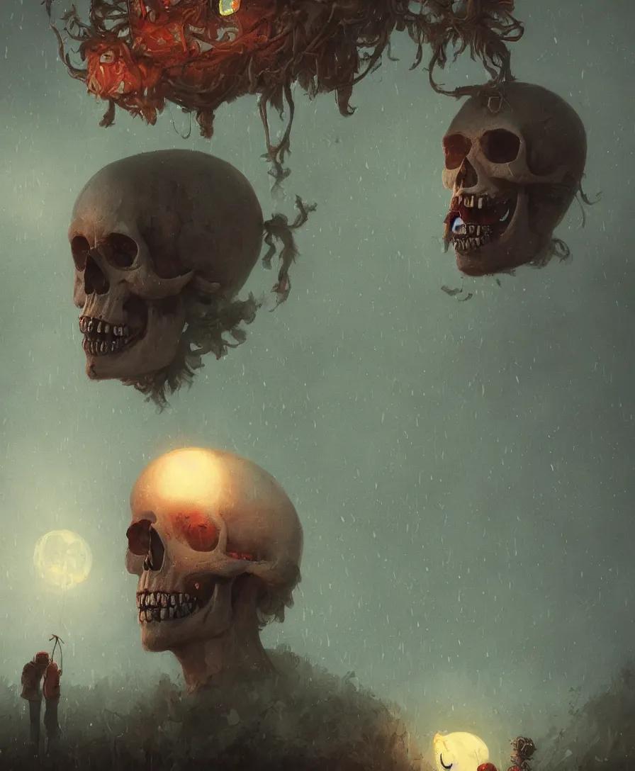 Image similar to portrait skull clown, raining, moon, illustrated by Simon Stålenhag and Gaston Bussiere, beautiful volumetric lighting style atmosphere, intricate, ultra detailed, photorealistic, trending on artstation