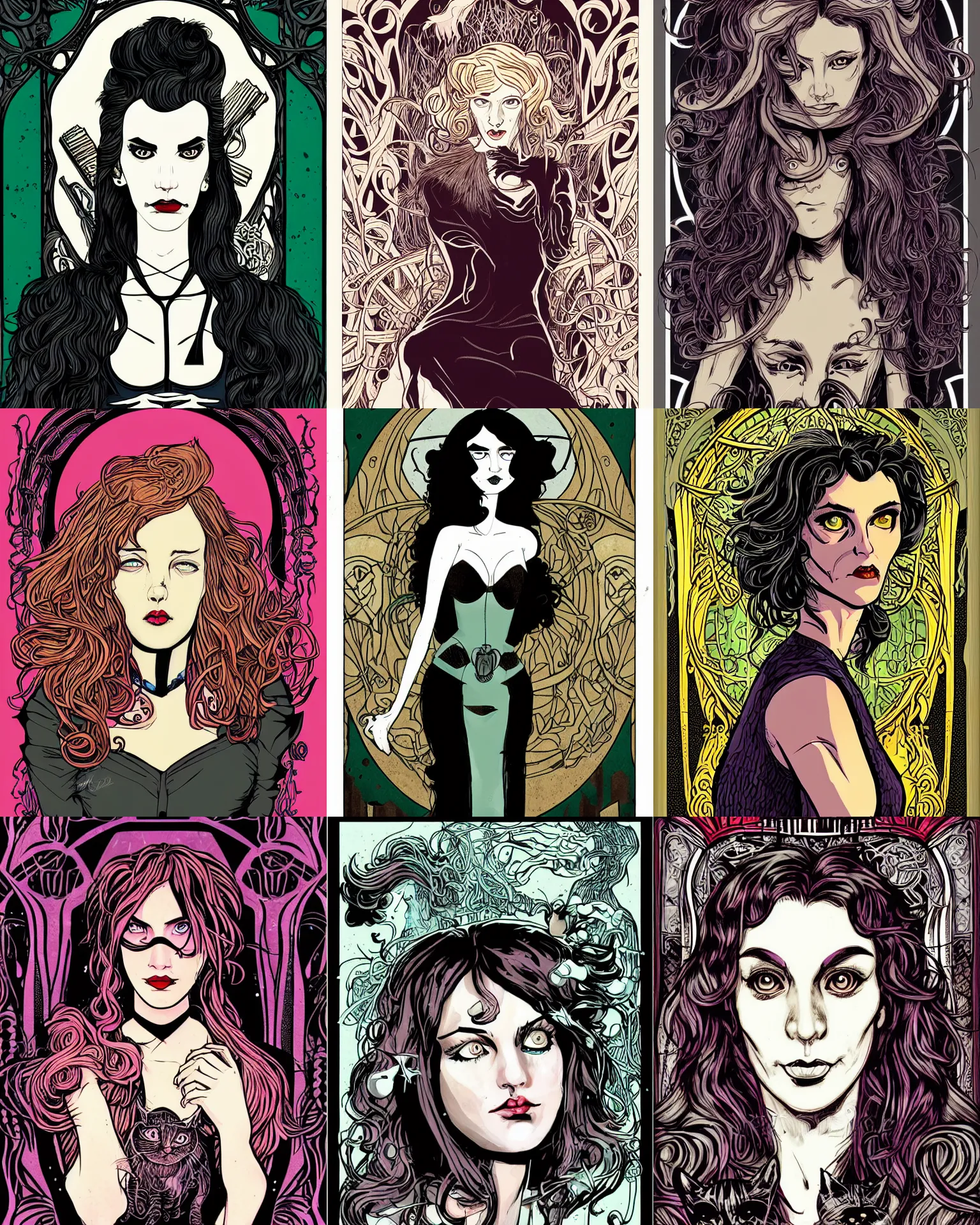 Prompt: portrait illustration of a femme fatale. thick shaggy hair, cat eyes. dystopian, detailed, art nouveau, pop art, comic book style. influenced by neil gaiman, h. p. lovecraft, raymond swanland, will eisner, voitv, eyardt, jordan grimmer.