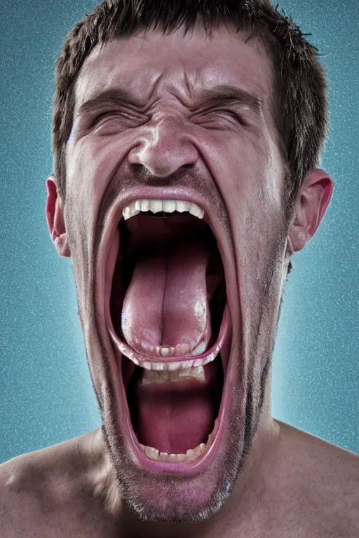 Image similar to uhd hyperrealistic photorealisitc hyperdetailed detailed portrait shot of a screaming man, studio lighting