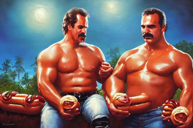 Prompt: portrait of wwf rick rude and wwf jake roberts sharing hotdogs, an oil painting by ross tran and thomas kincade