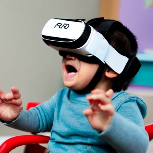 Prompt: A toddler in a straight jacket wearing a vr headset while sitting in a daycare setting, photography