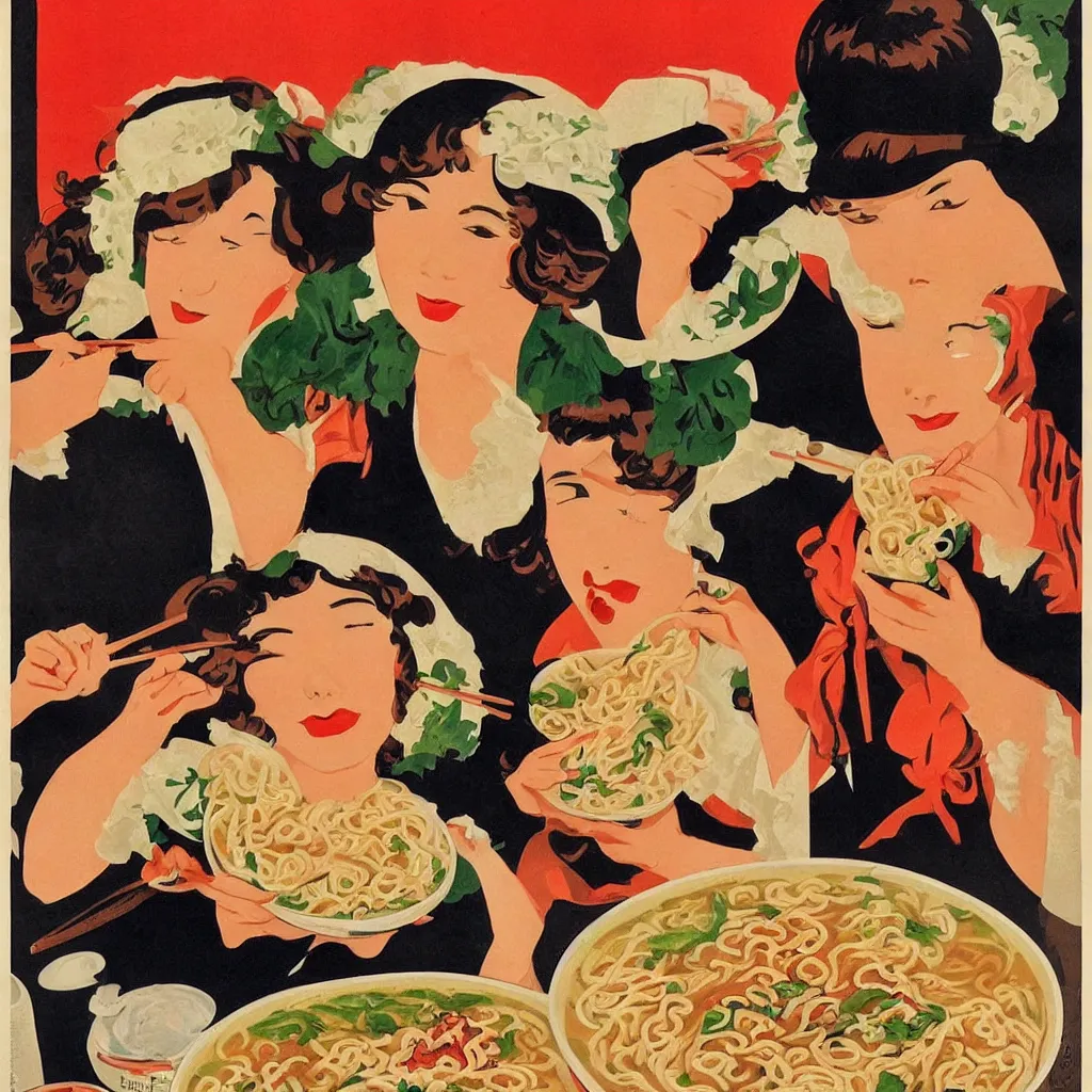 Image similar to 2 beautiful women eating a bowl of ramen, 1920s poster art