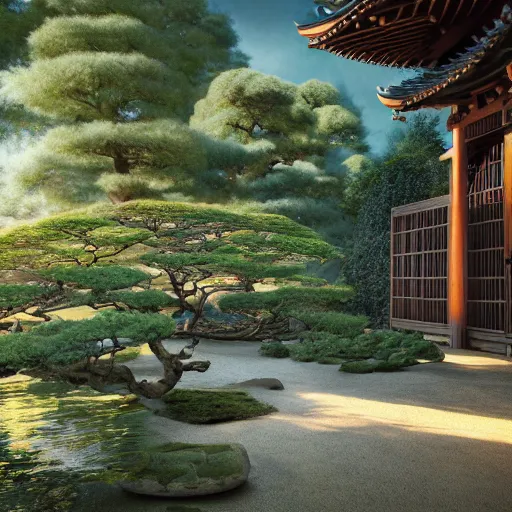 Prompt: traditional japanese garden, photorealistic, baroque, renaissance, by emedios varo and anato finnstark and fenghua zhong, hyperrealism, 4 k 8 k, 3 d, masterpiece, texture, captivating, awe inspiring