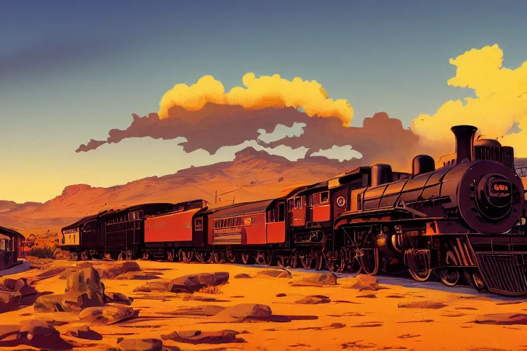 Image similar to idyllic old western train station illustration by syd mead, artstation, 4 k, graphic novel, concept art, matte painting, steam engine spewing billowy clouds of steam, beautiful mountain desert sunset background, golden hour