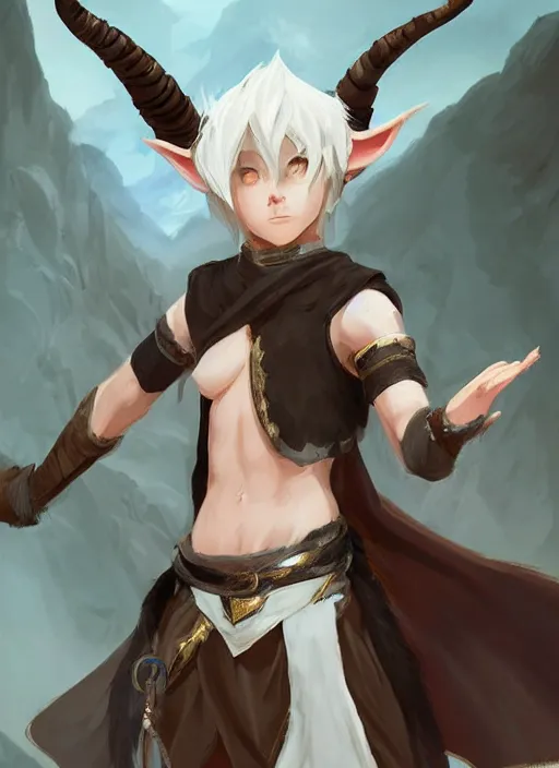 Image similar to concept art painting of a hybrid goat person with brown skin and short white hair, demon horns, elf ears, blue tunic and robes, detailed, d & d style, cel shaded, in the style of ruan jia and artgerm and makoto shinkai and james gurney