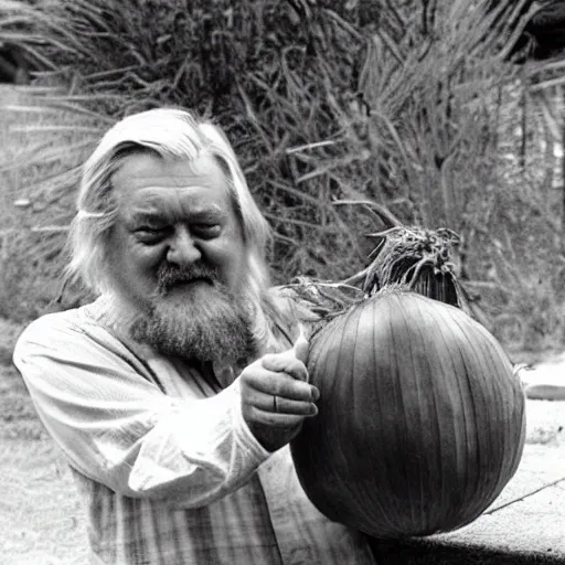 Image similar to robert wyatt holding a great big onion