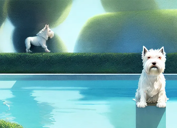 Prompt: west highland white terrier sitting by a pool, bright, reflections, intricate, sharp focus, lens flare, bloom, illustration, highly detailed, digital painting, concept art, matte, art by ruan jia and wlop and greg rutkowski, masterpiece