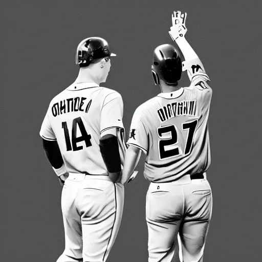 Image similar to mike trout and shohei ohtani holding hands and ascending towards the sky, drawing in the style of a new yorker cartoon