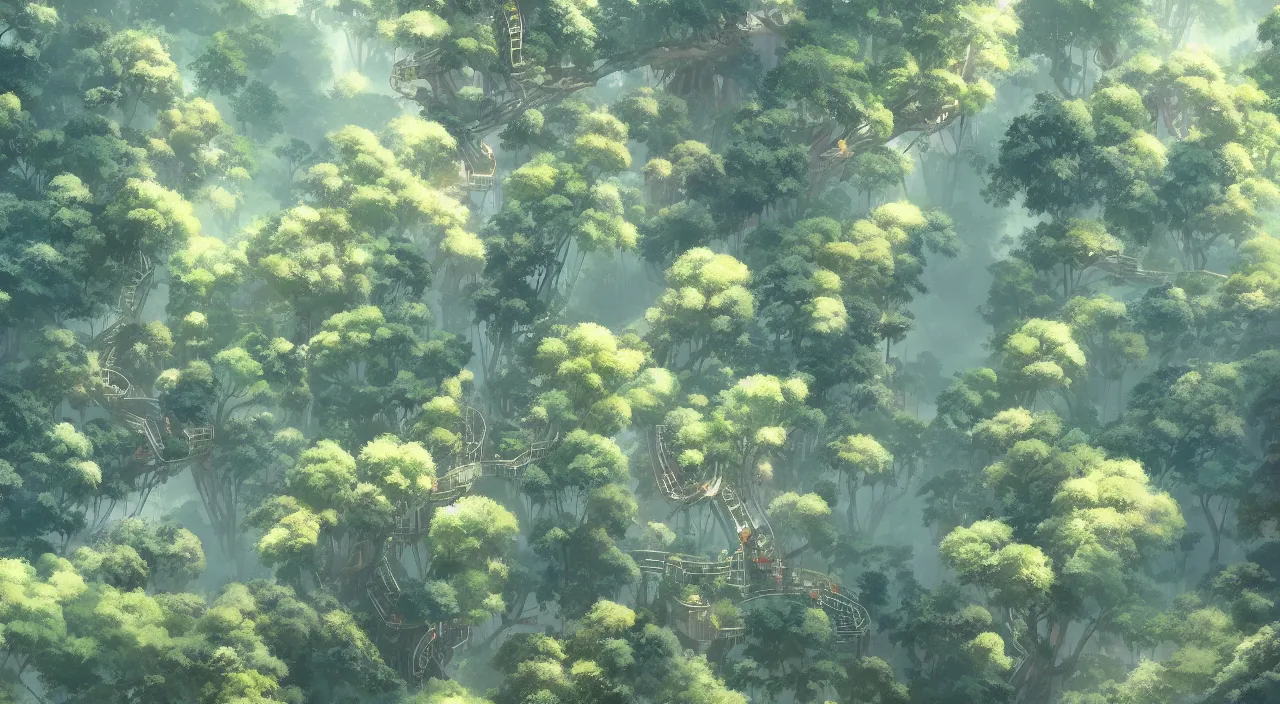 Prompt: aerial view of treetop canopy, by studio ghibli and greg rutkowski,