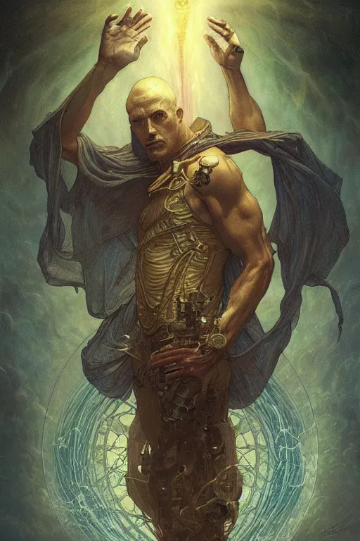 Image similar to a tarot card, a half man half machine, horror by agostino arrivabene and elegant intricate digital painting artstation concept art smooth sharp focus illustration, art by artgerm and greg rutkowski and alphonse mucha