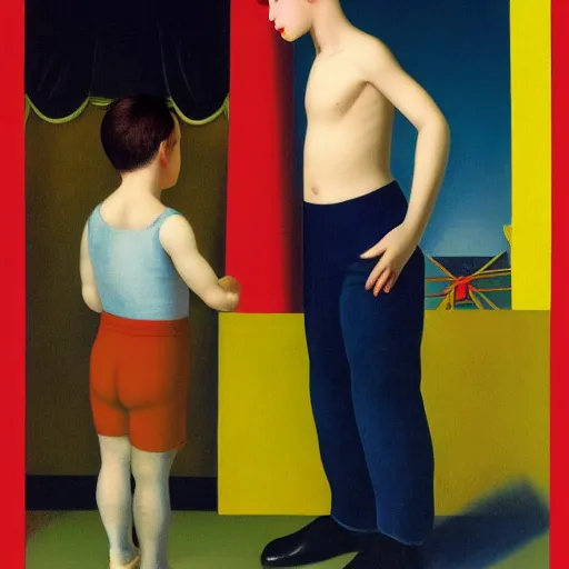 Image similar to a boy wins in the circus by Raphael, Hopper, and Rene Magritte. detailed, romantic, enchanting, trending on artstation.