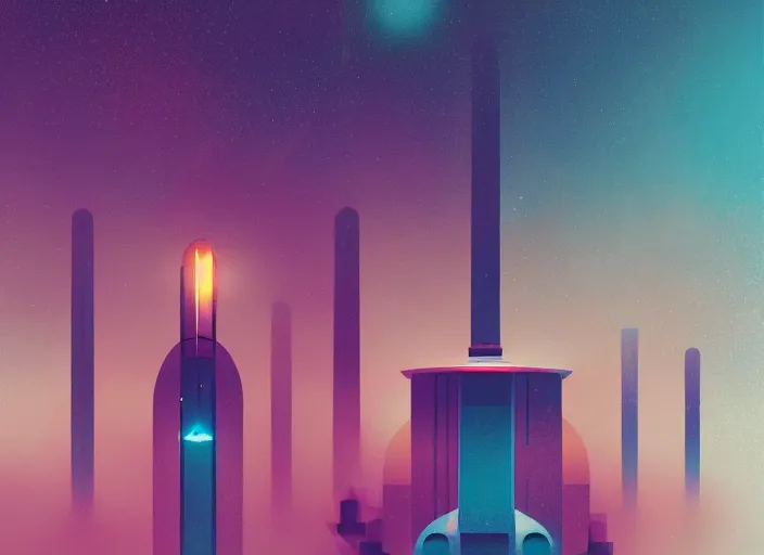 Image similar to exterior portrait of a scifi spacestation, colorful, modern art deco, mads berg, karolis strautniekas, christopher balaskas, stippled light, fog, moody, fine texture, editorial illustration, dramatic lighting, dynamic composition, detailed, matte print, dynamic perspective, muted color, void, sacred geometry