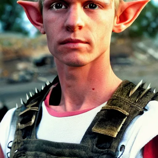 Prompt: close up headshot of a skinny high-fantasy elf with a long face narrow chin and spiky blonde hair wearing dark brown overalls and holding a bomb next to a destroyed car, gel spiked blond hair, small ears, narrow lips, high resolution film still, HDR color